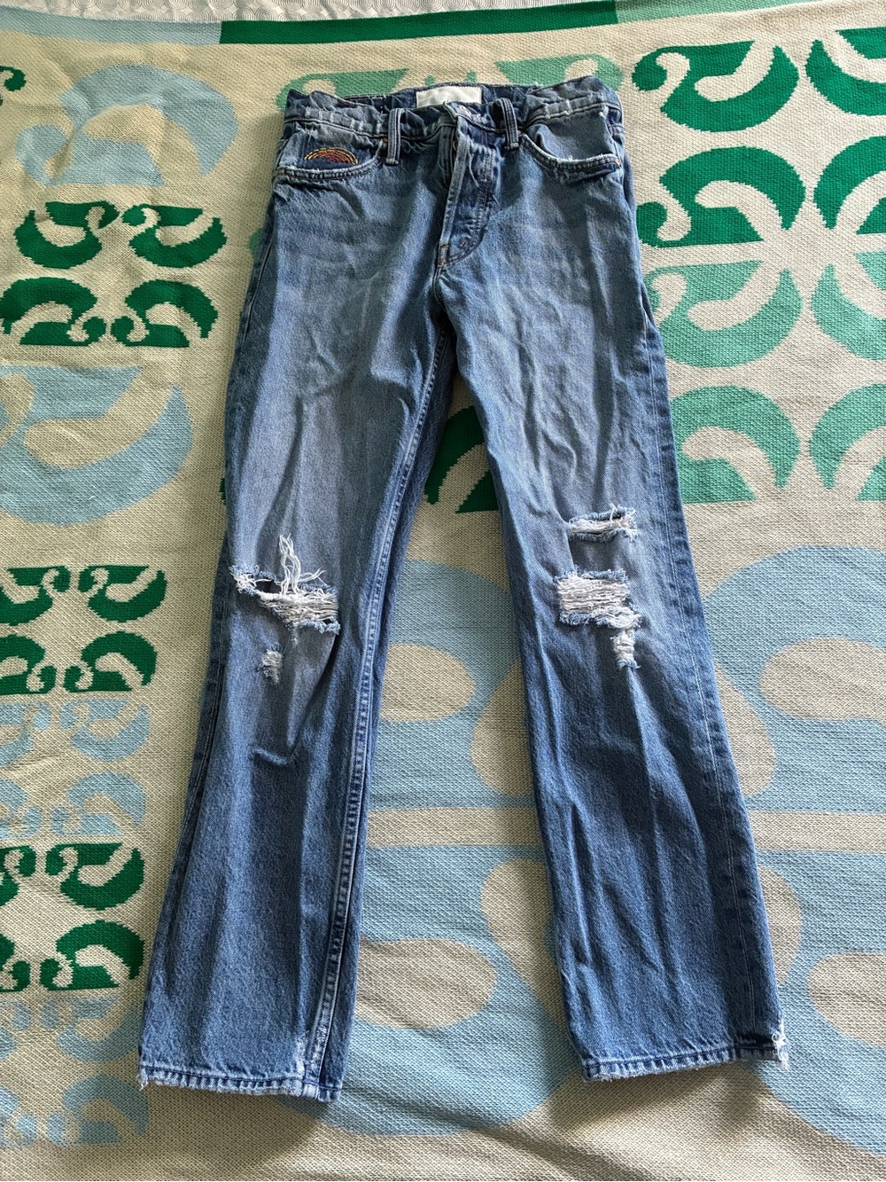 MOTHER Distressed Straight-Leg Jeans in Light Blue